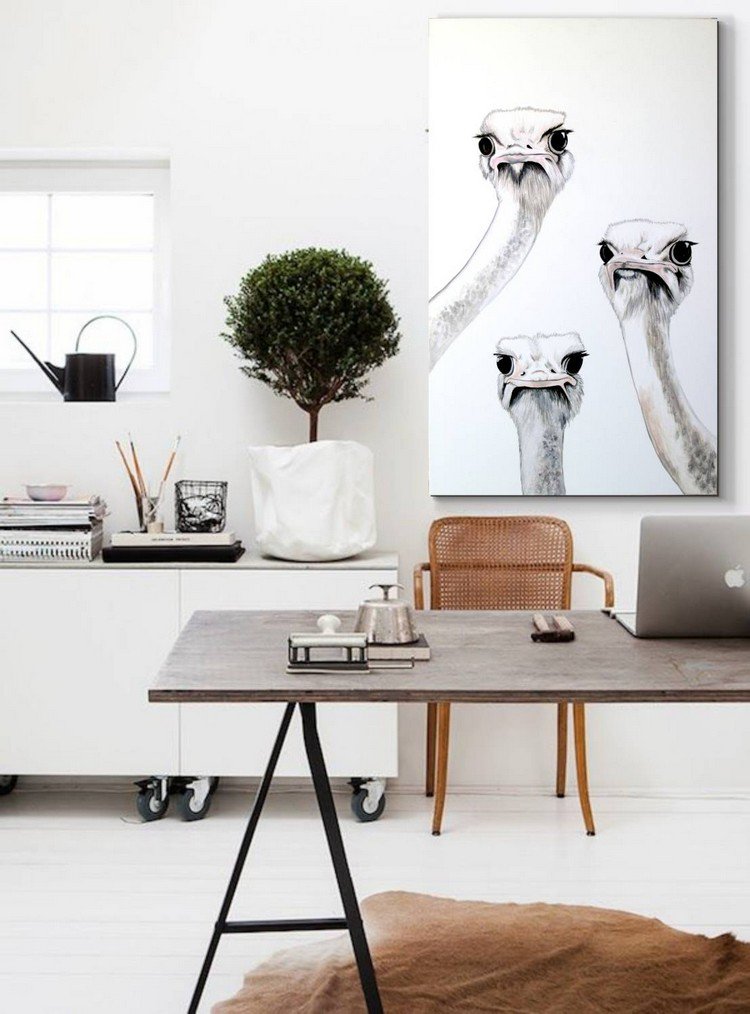 scandinavian home office with ostrich painting Home Office: How To Create A Scandinavian Feeling