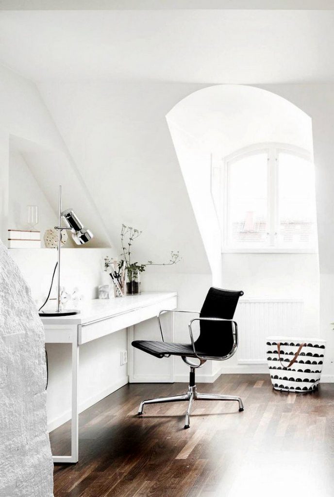 white scandinavian home office with brown parquet 688x1024 Home Office: How To Create A Scandinavian Feeling