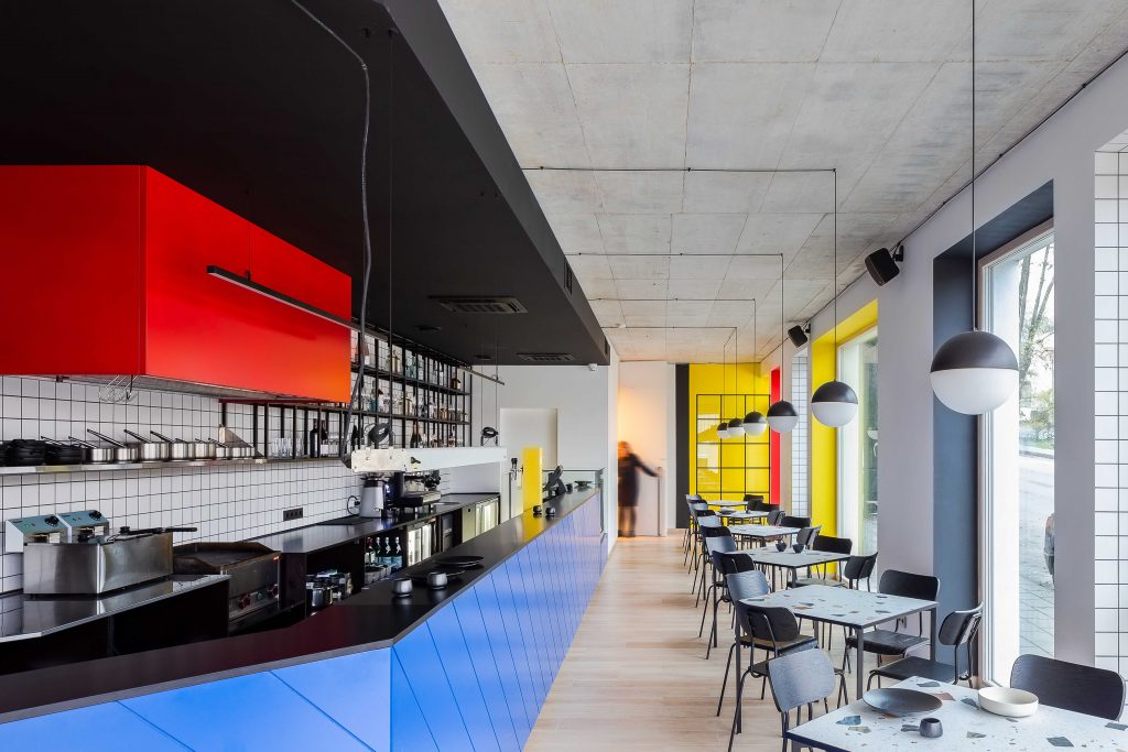 %name Bauhaus and Piet Mondrian inspired restaurant interior in Vilnius