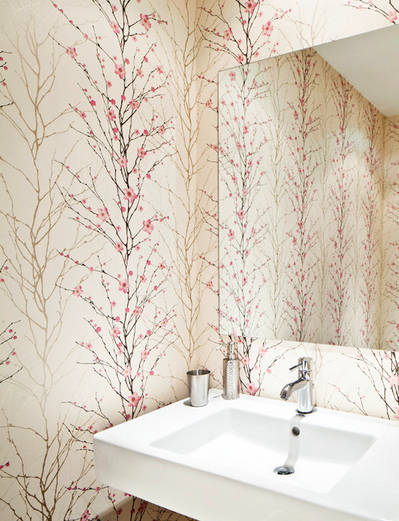 cherry blossom modern powder room 50+ Floral Wallpaper and Mural Ideas