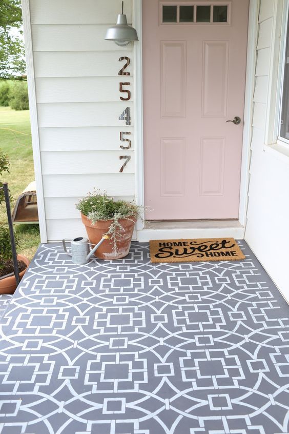 painted cement floor using a stencil to create a cement tile look Exterior perfection   how to make the perfect garden space