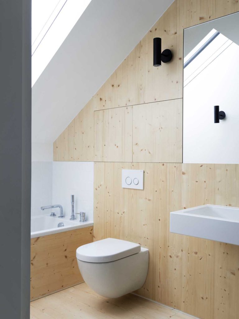 Bathroom with a toilet and plywood walls