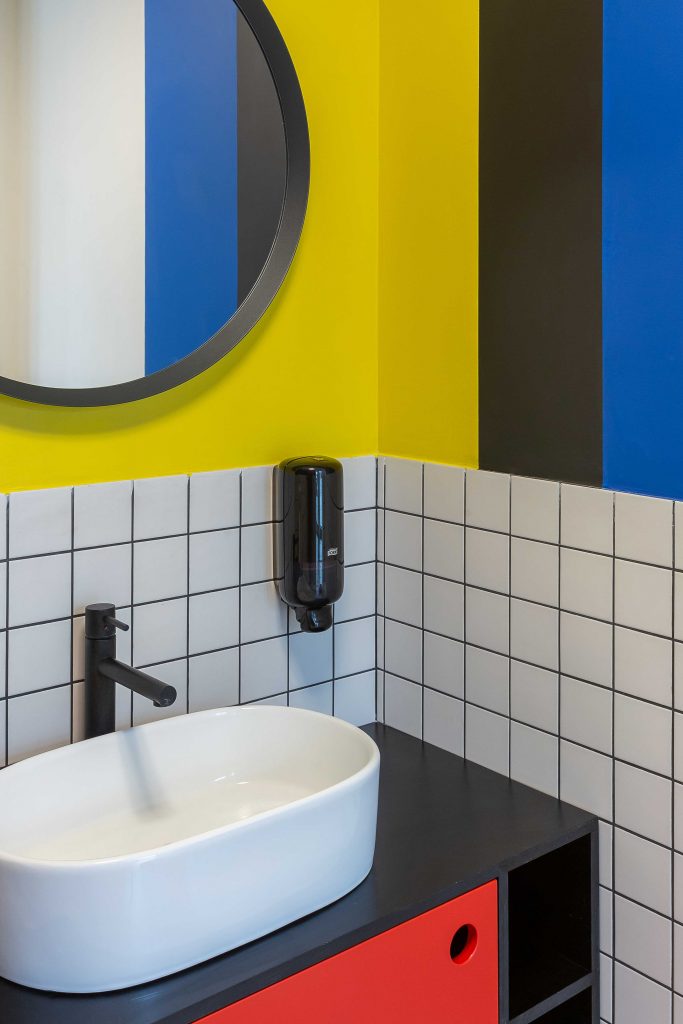 %name Bauhaus and Piet Mondrian inspired restaurant interior in Vilnius