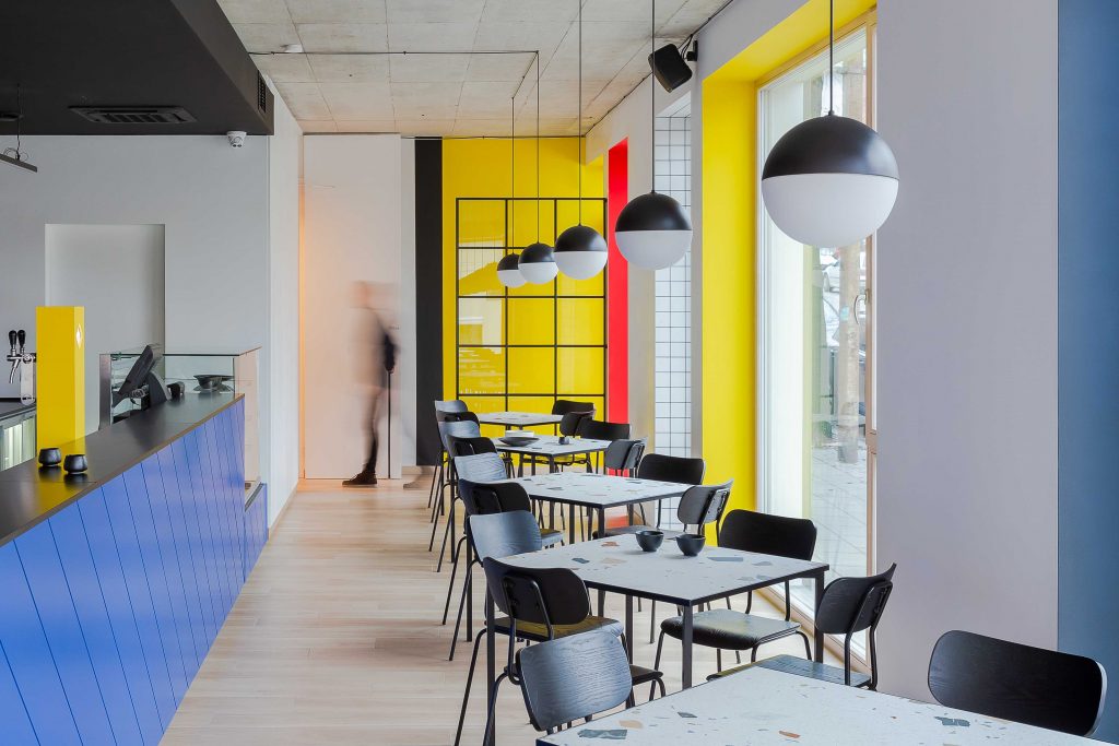Bauhaus and Piet Mondrian inspired restaurant interior in Vilnius