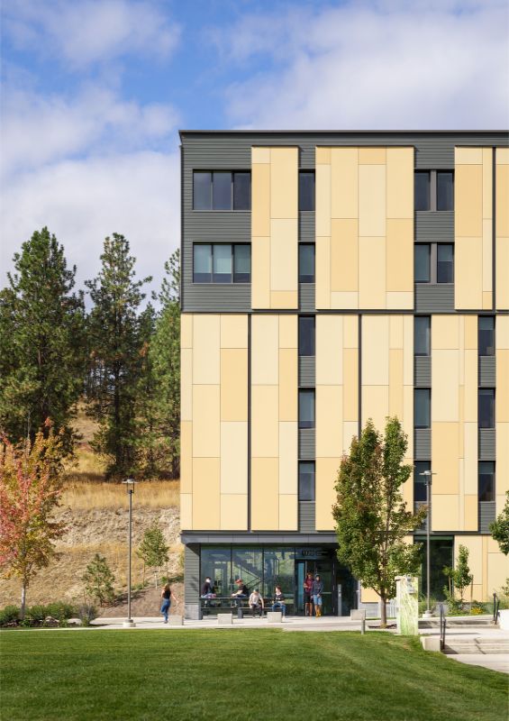 the southeast entrance and social space UBCO Skeena Residence by PUBLIC Architecture Studio