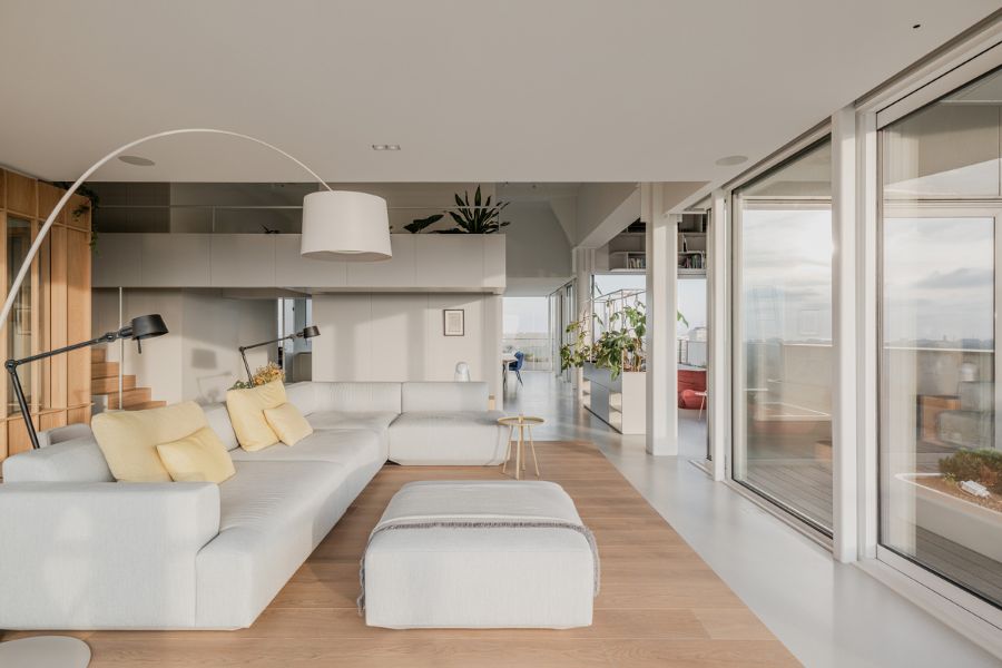 living room 2 Bureau Fraai Added Free Standing Oak Volumes to This Luxurious Penthouse