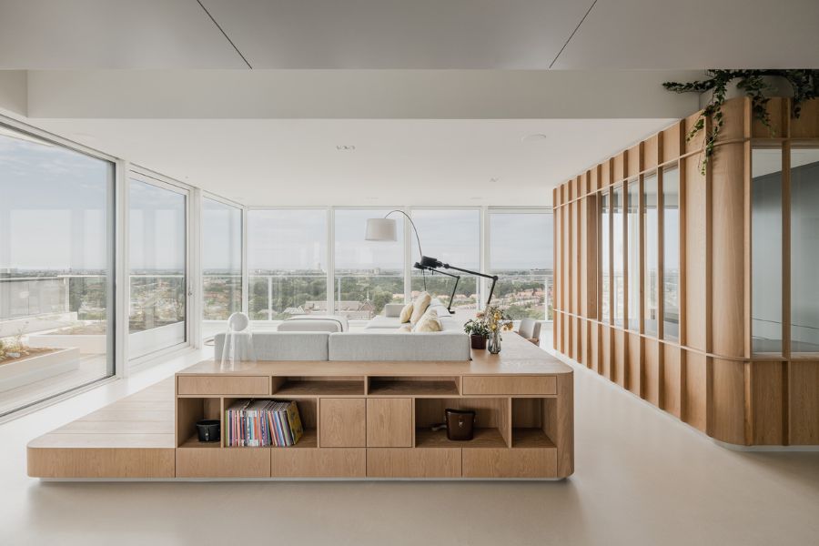 living room details Bureau Fraai Added Free Standing Oak Volumes to This Luxurious Penthouse