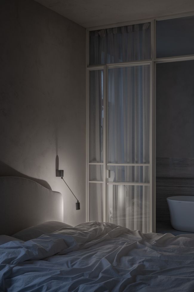 bedroom at night A Renovation of a Historical Apartment in Kyiv by Rina Lovko and Daryna Shpuryk